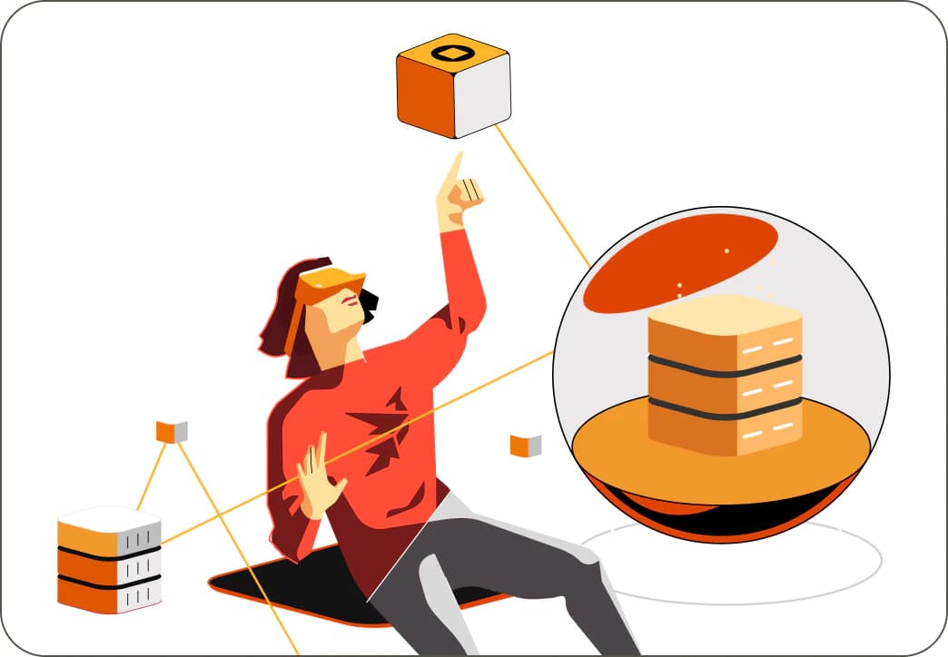 Illustrazione di una persona che esplora dati e requisiti in uno spazio virtuale