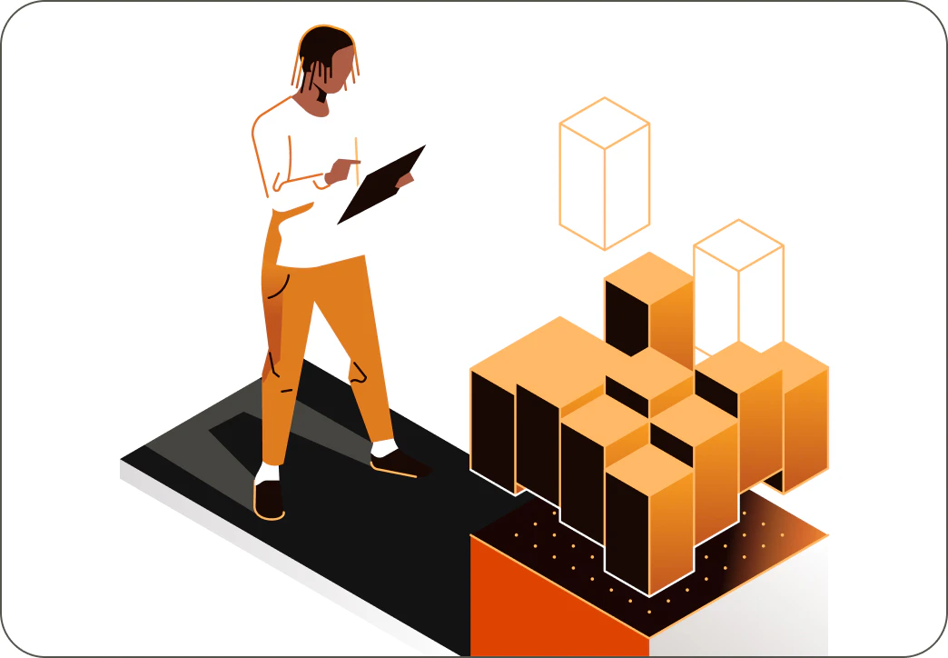 Illustrazione di una persona che analizza un'architettura a blocchi modulari