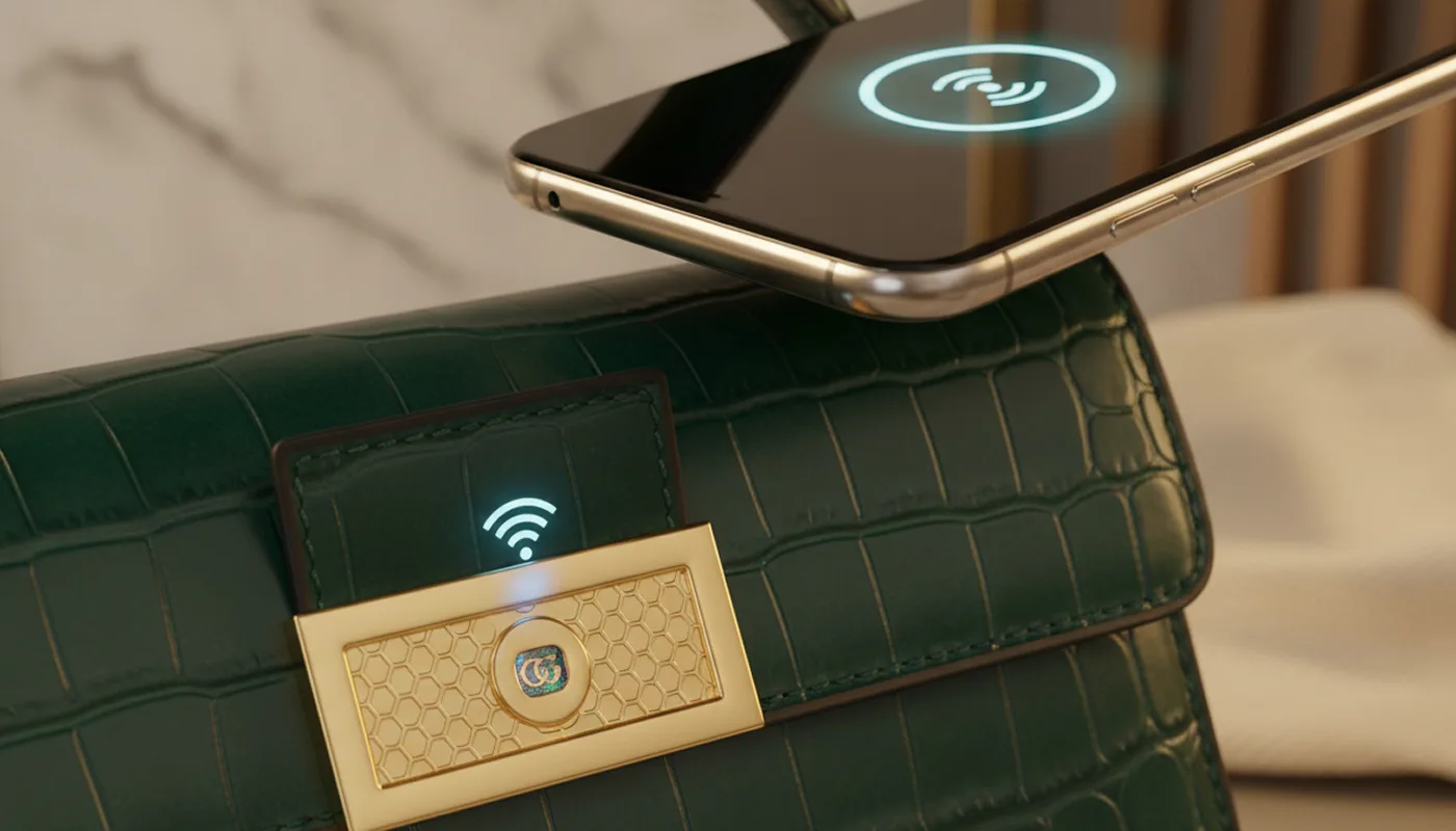 Uno smartphone legge un tag NFC integrato in una borsa in pelle
