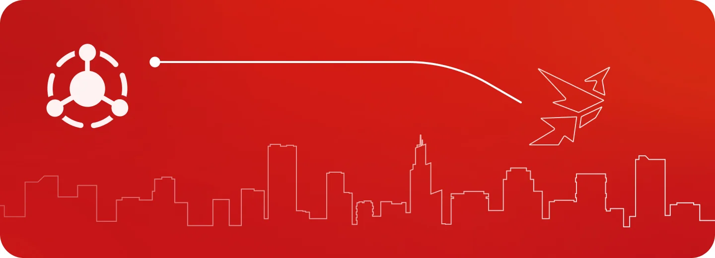 Illustrazione di una rete IoT sopra lo skyline di una città